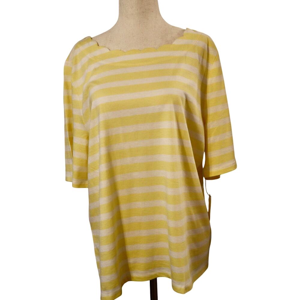 Talbots NWT XL Pima Cotton Tee Yellow White Stripe Scallop Neck Soft Top
